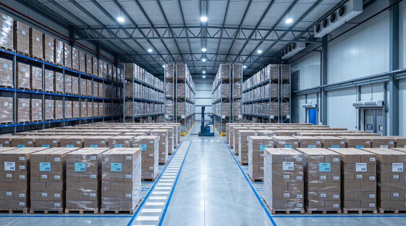 Bodega de distribución con estanterías y pallets ordenados